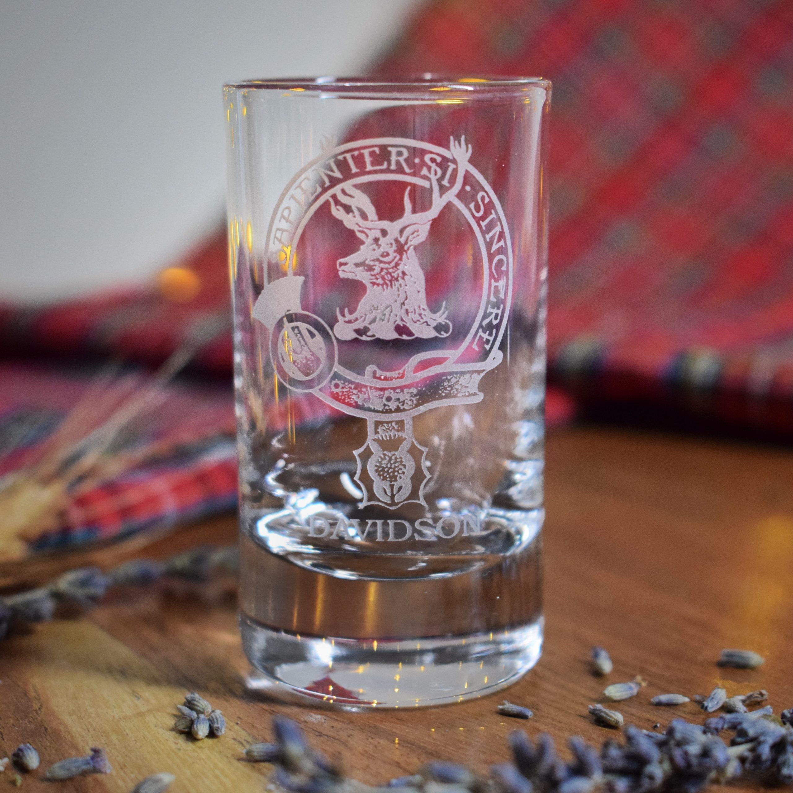 Burns Collins Tot Glass with Clan Engraving Scottish gift