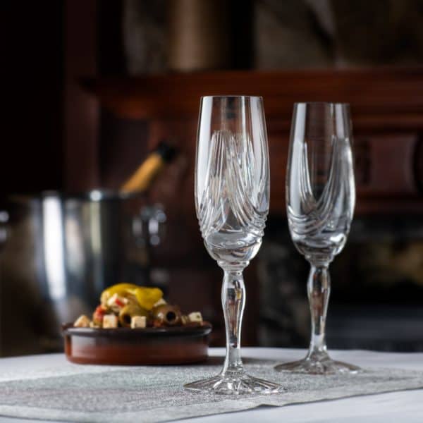Montrose Champagne flutes, set of 2, cut crystal glassware showing wrap around designs