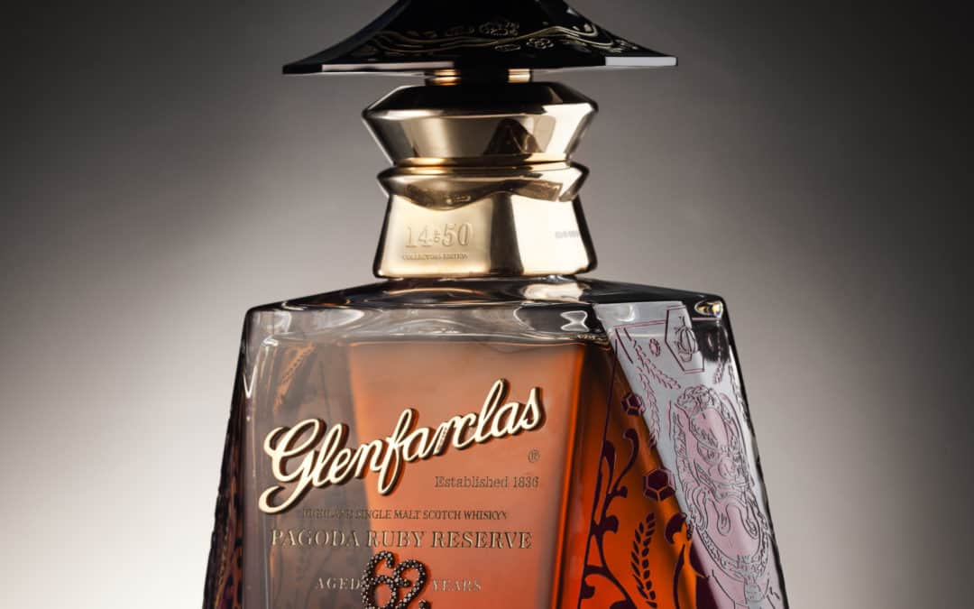 Limited-edition Glenfarclas Pagoda Ruby Reserve released in  Glencairn Crystal decanters embellished with rubies