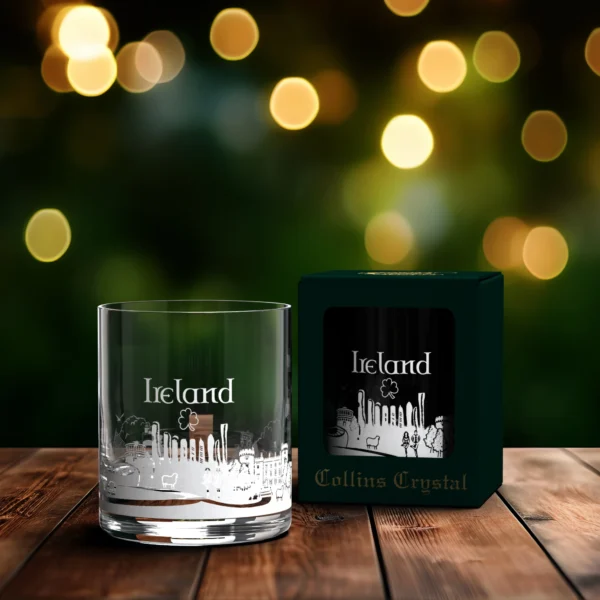 Glencairn Crystal If you’re in need of a Irish gift, then look no further! This crystal tumbler features a picturesque Ireland skyline design wrapped around the glass. It can be used for any beverage from water to whisky and is supplied in a green windowed carton, perfect for gifting.