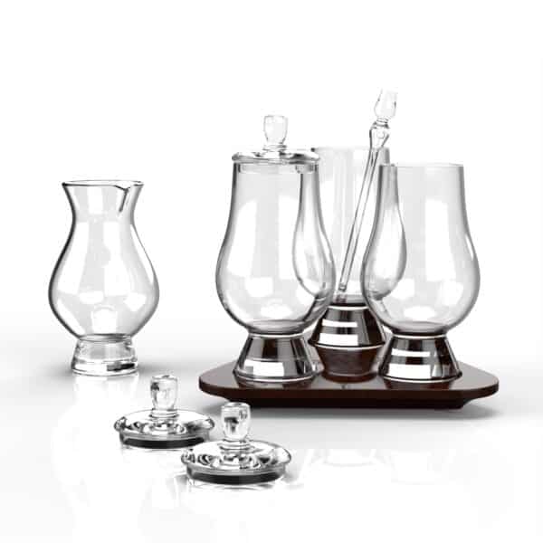 Glencairn Crystal Presenting The Glencairn Whisky Connoisseur Bundle—a quintessential set for whisky enthusiasts. This elevated tasting kit comprises three hand-blown Glencairn Glasses, each complemented by a tasting cap for a heightened sensory experience. Additionally, the bundle features a Glencairn Pipette for precise water addition and a mini Glencairn water jug. Ideal for at-home tasting sessions.